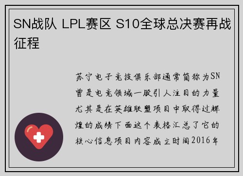 SN战队 LPL赛区 S10全球总决赛再战征程